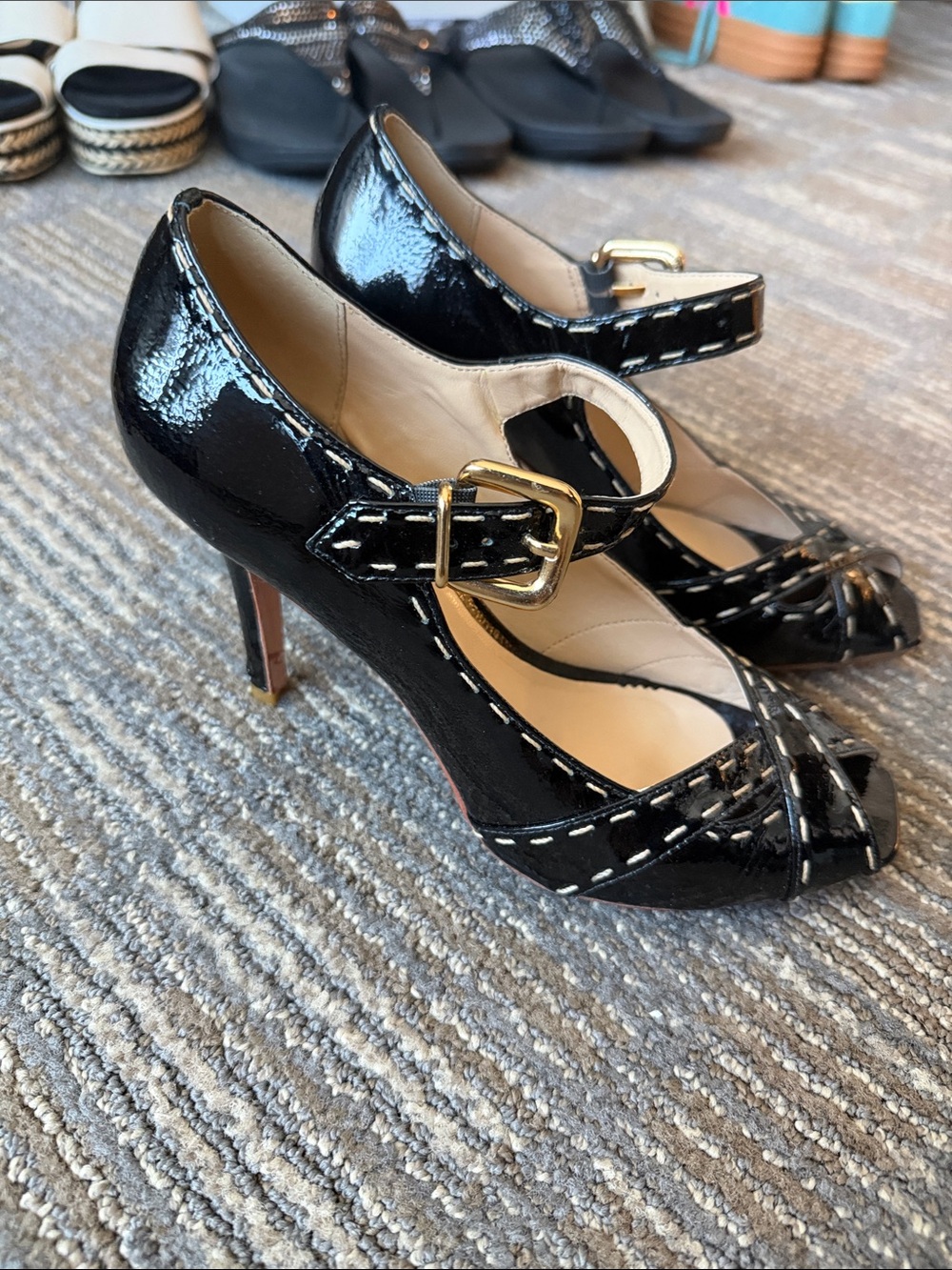 Patent Black Mary Jane Heels with Gold Buckle